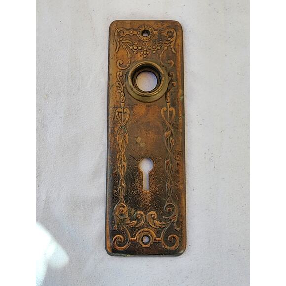 Antique Ornate Copper Plate on Steel Keyhole Doorknob Escutcheon Victorian 1800s - Picture 1 of 4